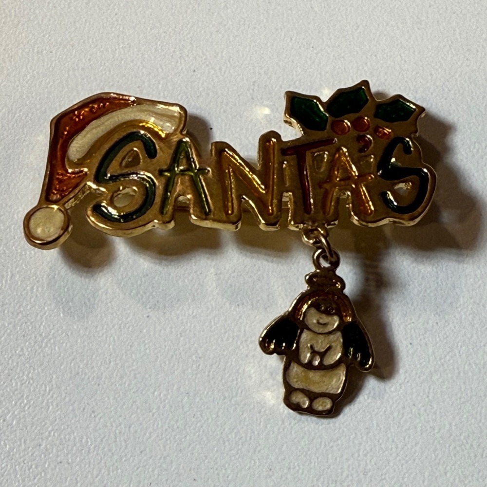 Vintage Christmas Santa Hat Penguin Dangle Brooch Pin Holiday Festive Gold Tone